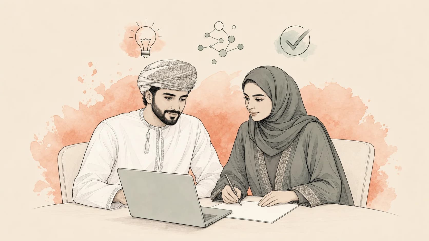 Omani business professionals reviewing invoice preparation together