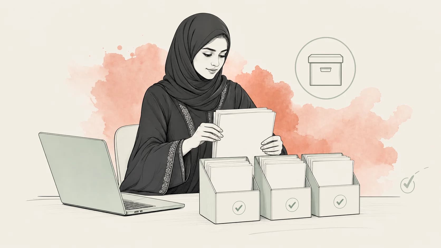 Organized invoice documents, folders, and a laptop on a business desk