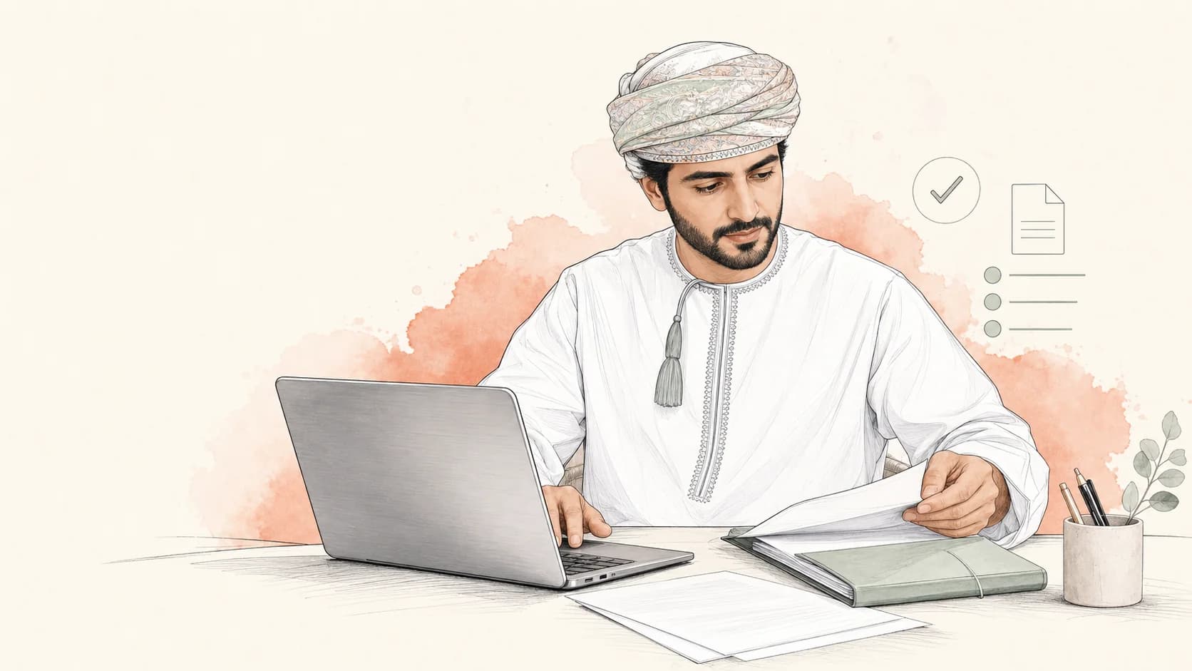 Omani business owner reviewing invoice source documents at a desk