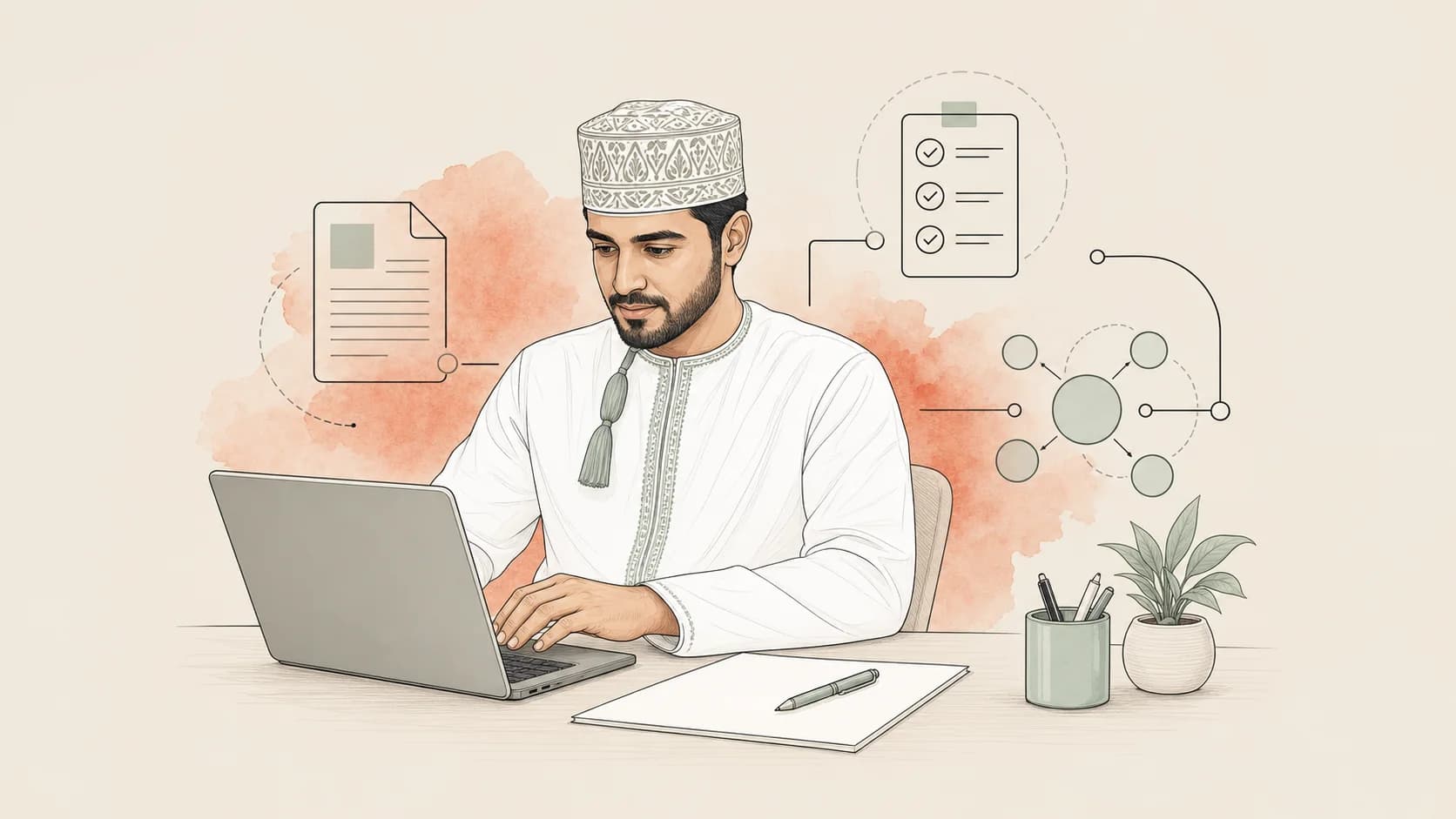 Invoice data preparation workspace with laptop, documents, and calculator